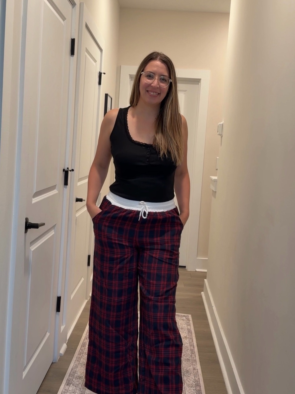 Amazon Women's Black Lace-Trim Tank with Red Plaid Lounge Pants